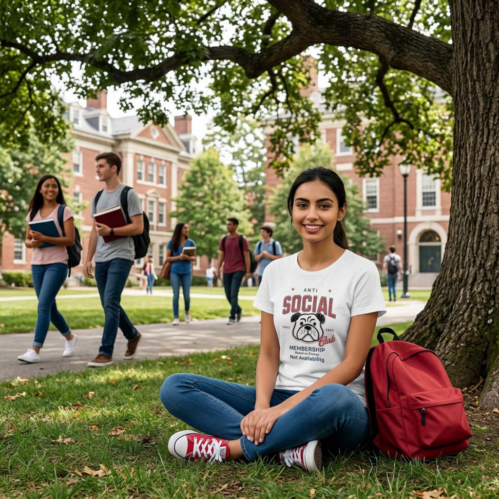 Student sitting on grass with classmates in the background