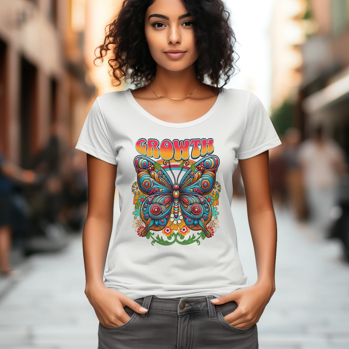 Woman wearing a white t-shirt with a colorful butterfly design and 'GROWTH' text on a blurred street background