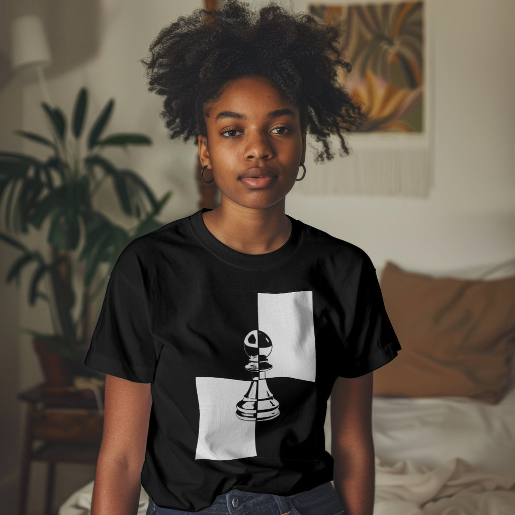 Girl wearing a black t-shirt with a pawn chess piece graphic