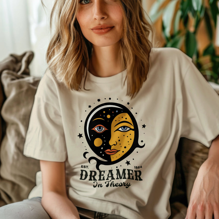 Person wearing a t-shirt with a graphic design and text