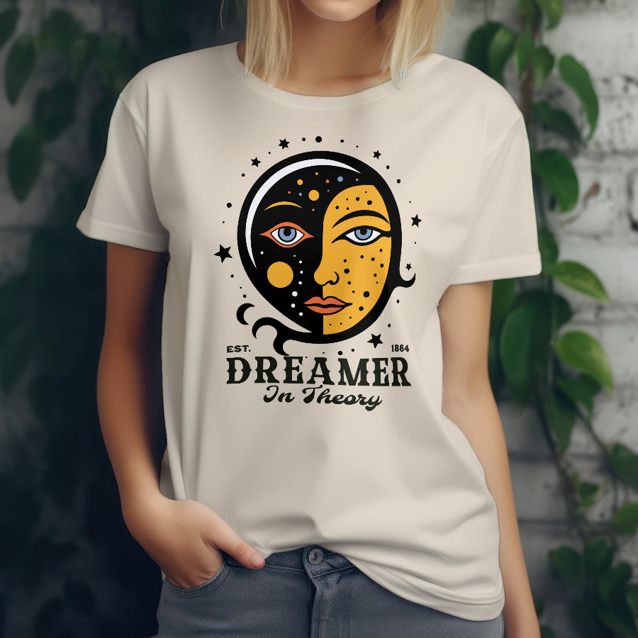 Person wearing a white t-shirt with a graphic design and text.