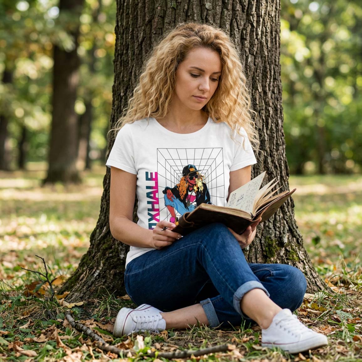 young woman studying under a tree wearing a exhale, evolve ladies fitted t-shirt.