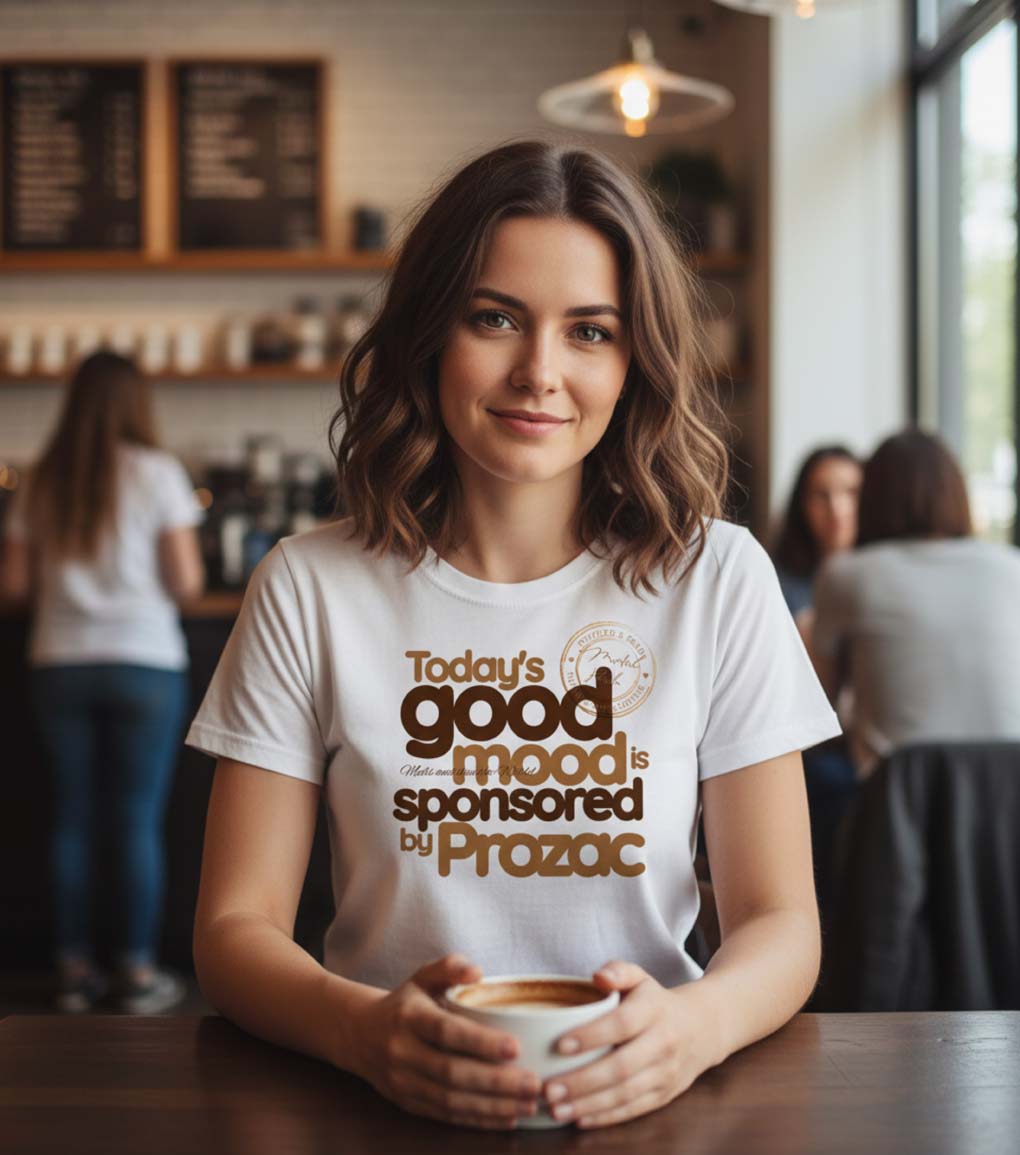 young lady in coffee shop wearing a white ladies t-shirt with a graphic design