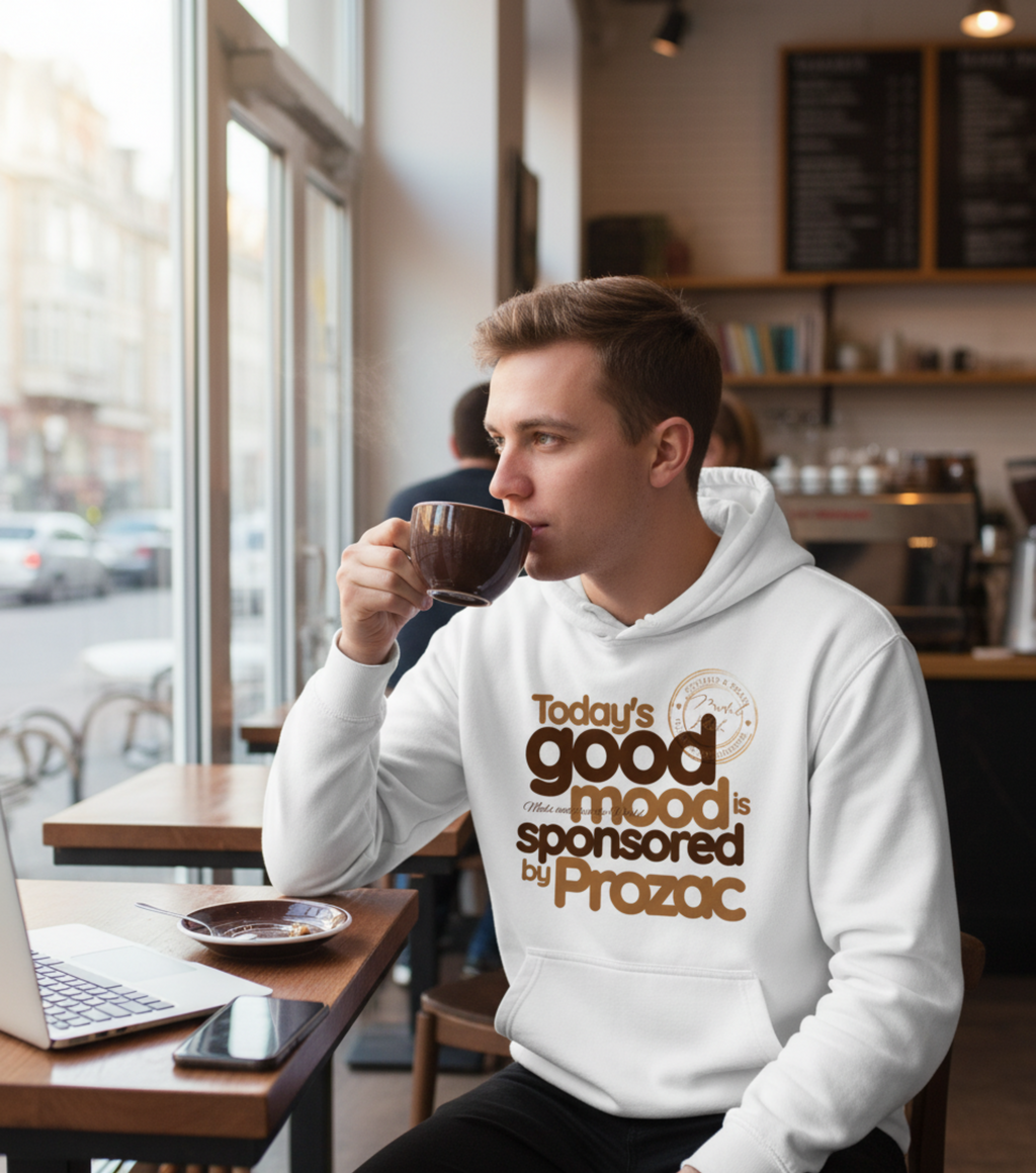 Man in a cafe wearing a hoodie with text, todays good mood sponsored by Prozac holding a coffee cup.