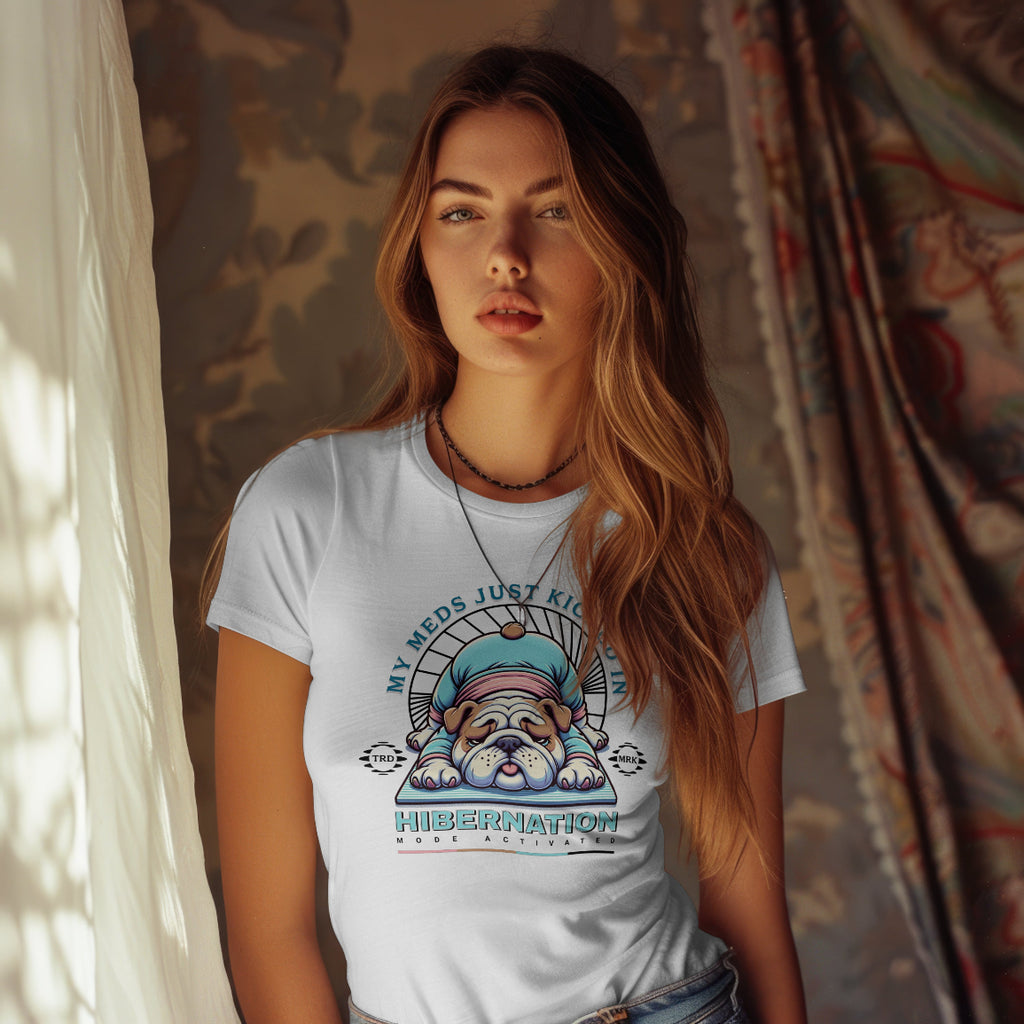 Woman wearing a white t-shirt with a graphic design of a dog and text.