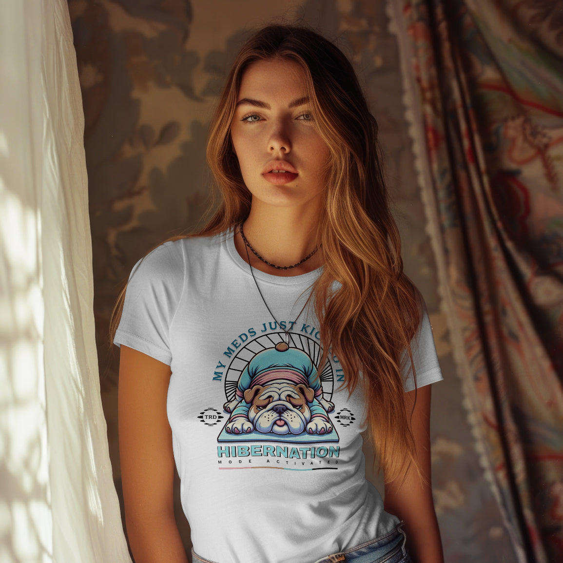 Woman wearing a white t-shirt with a graphic design of a dog and text.