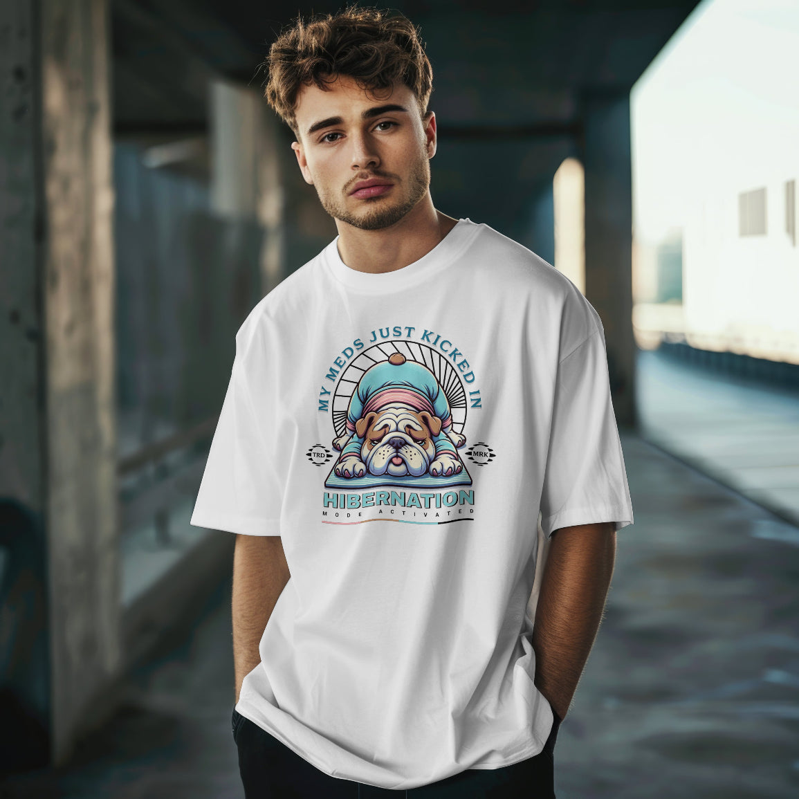 Man wearing a white t-shirt with a graphic design of a gnome and text in an urban setting.