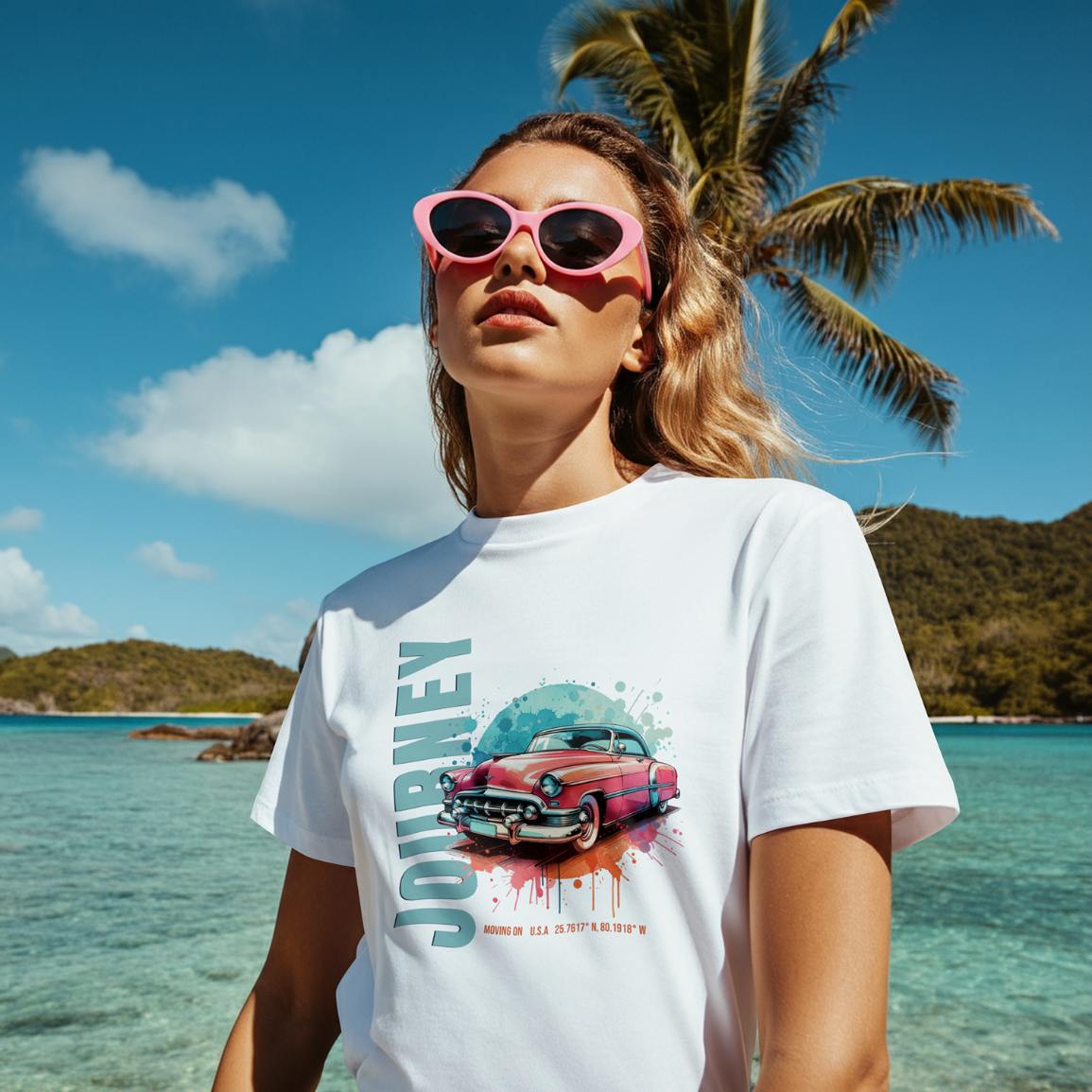 Person wearing a white t-shirt with a colorful graphic design on a beach with palm trees and clear blue water.