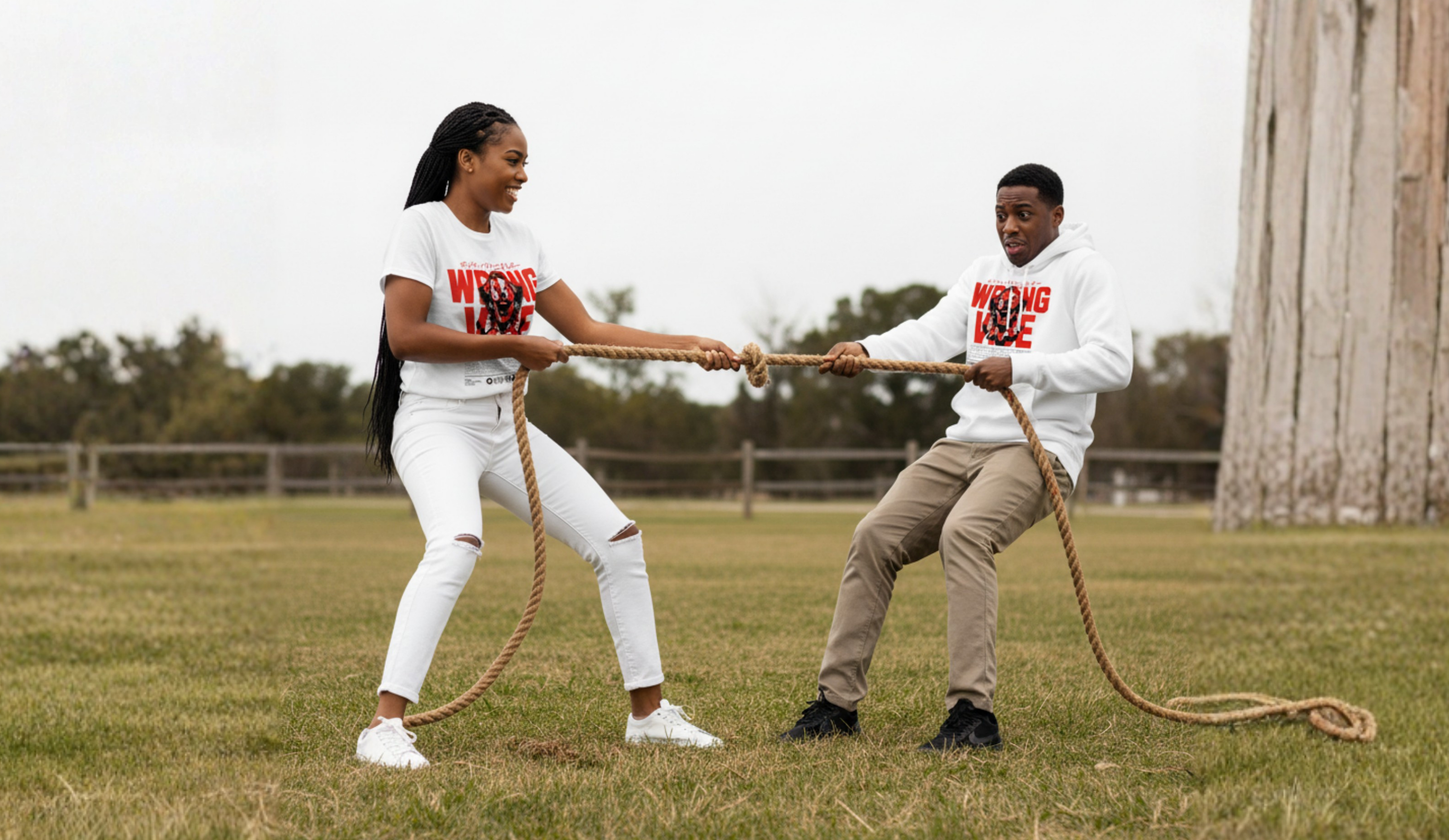 Two people playing tug of war in a field with 'Love Life, Life Life' text above.