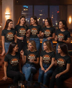 Group of women wearing 'Mental Mayhem Club' t-shirts in a social setting.