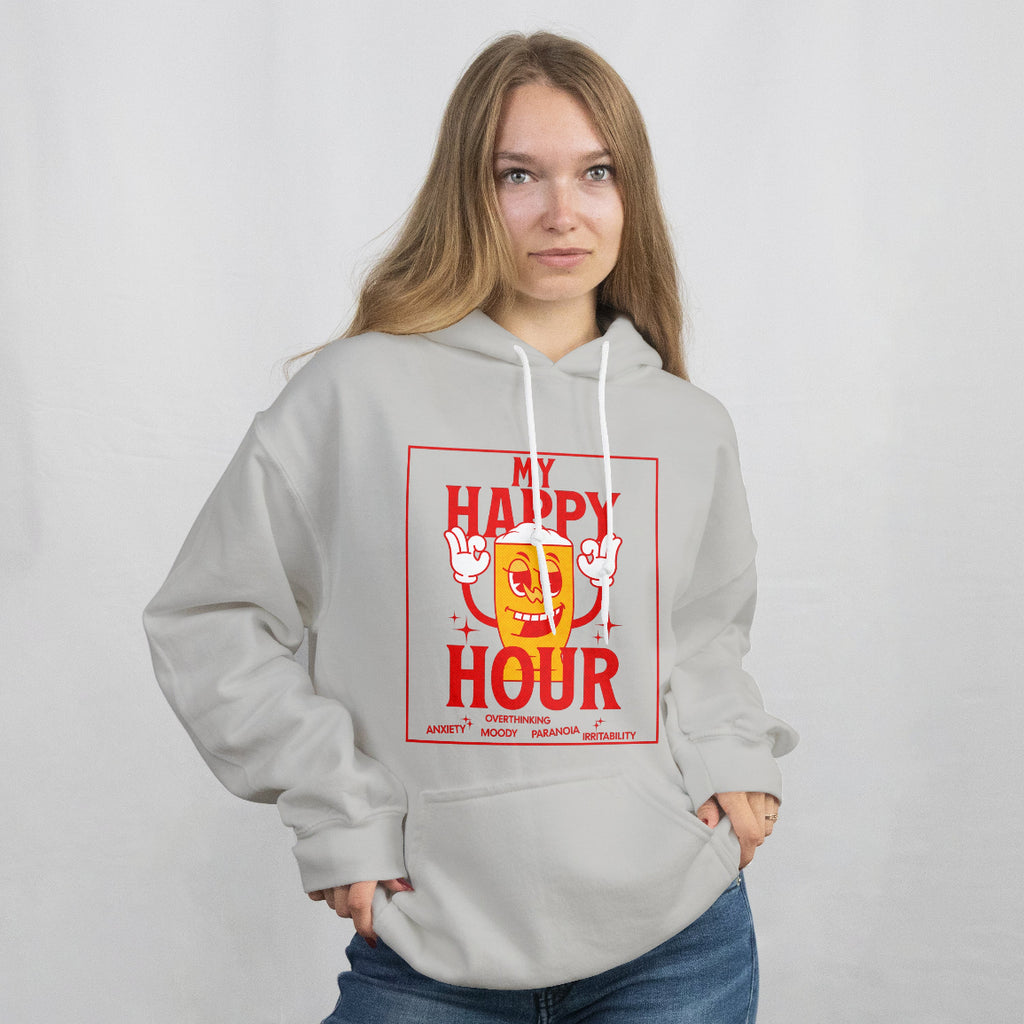 Person wearing a gray hoodie with a red and white beer glass graphic design on a plain background