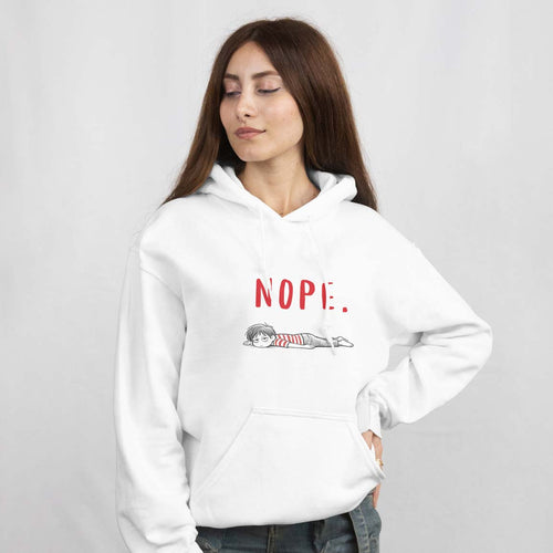 Woman wearing a white hoodie with a graphic design and text on a plain background