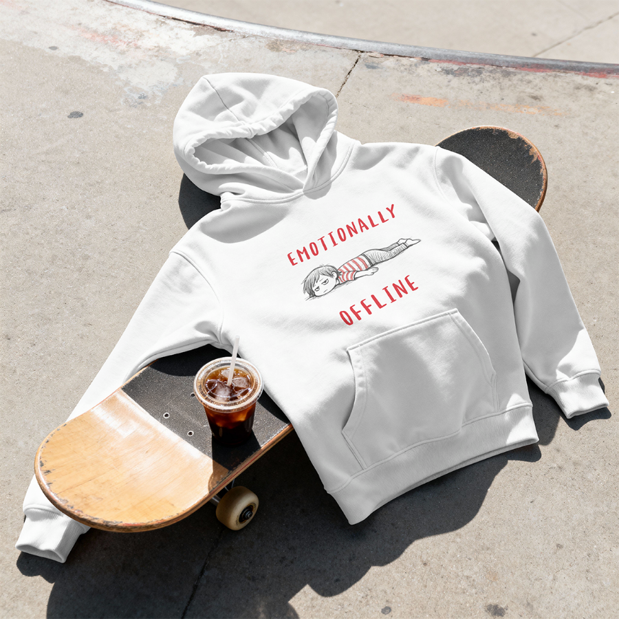 White hoodie with graphic design on a skateboard
