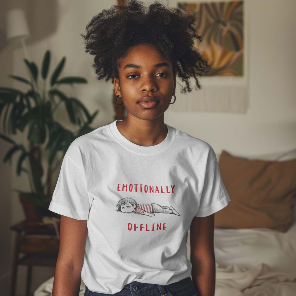 Teen girl wearing a white t-shirt with 'Emotionally Offline' hand drawn character