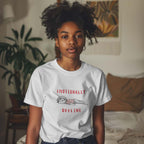Teen girl wearing a white t-shirt with 'Emotionally Offline' hand drawn character