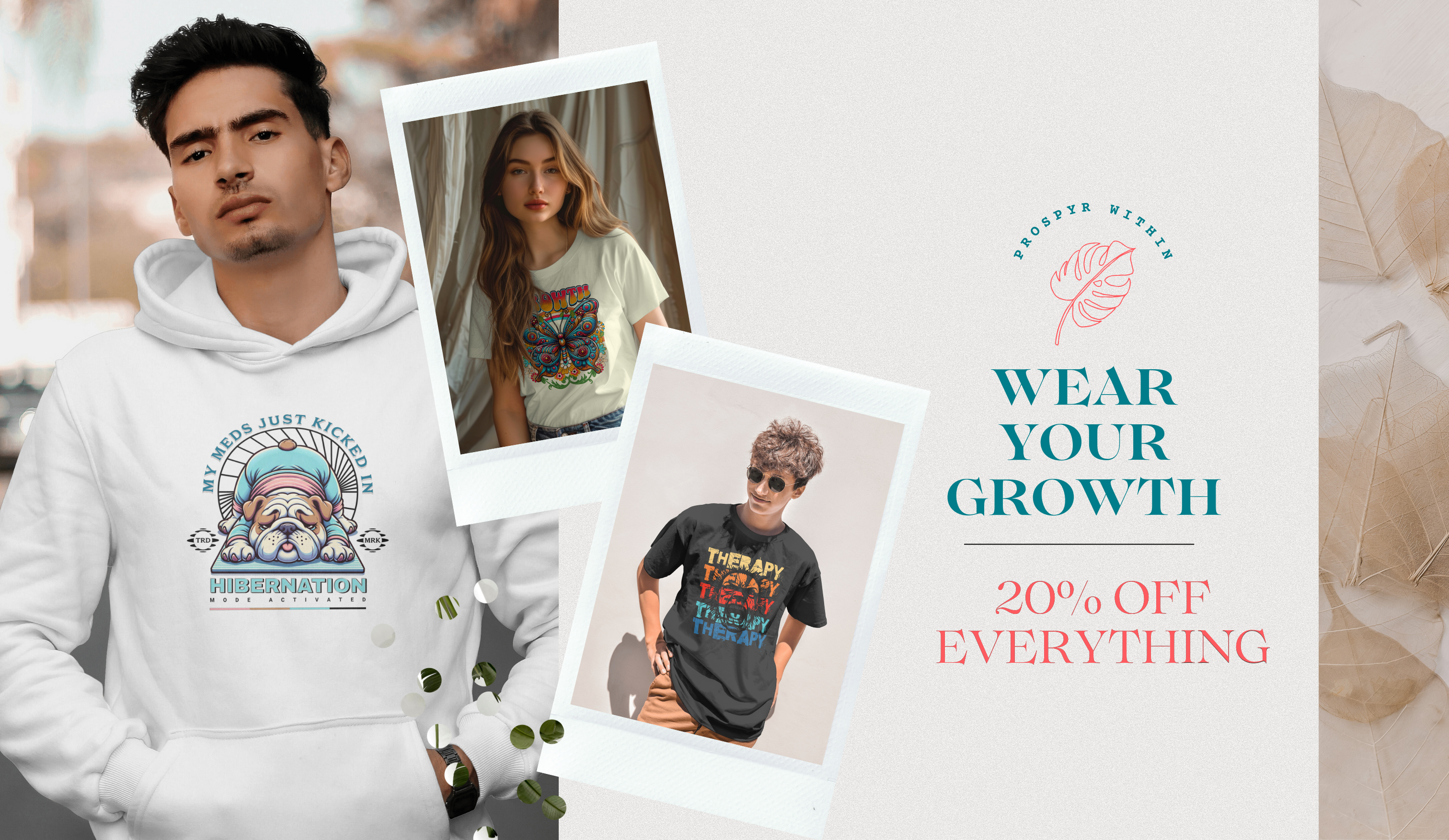 Promotional banner for a clothing brand with text 'Wear Your Growth' and '20% off everything'.