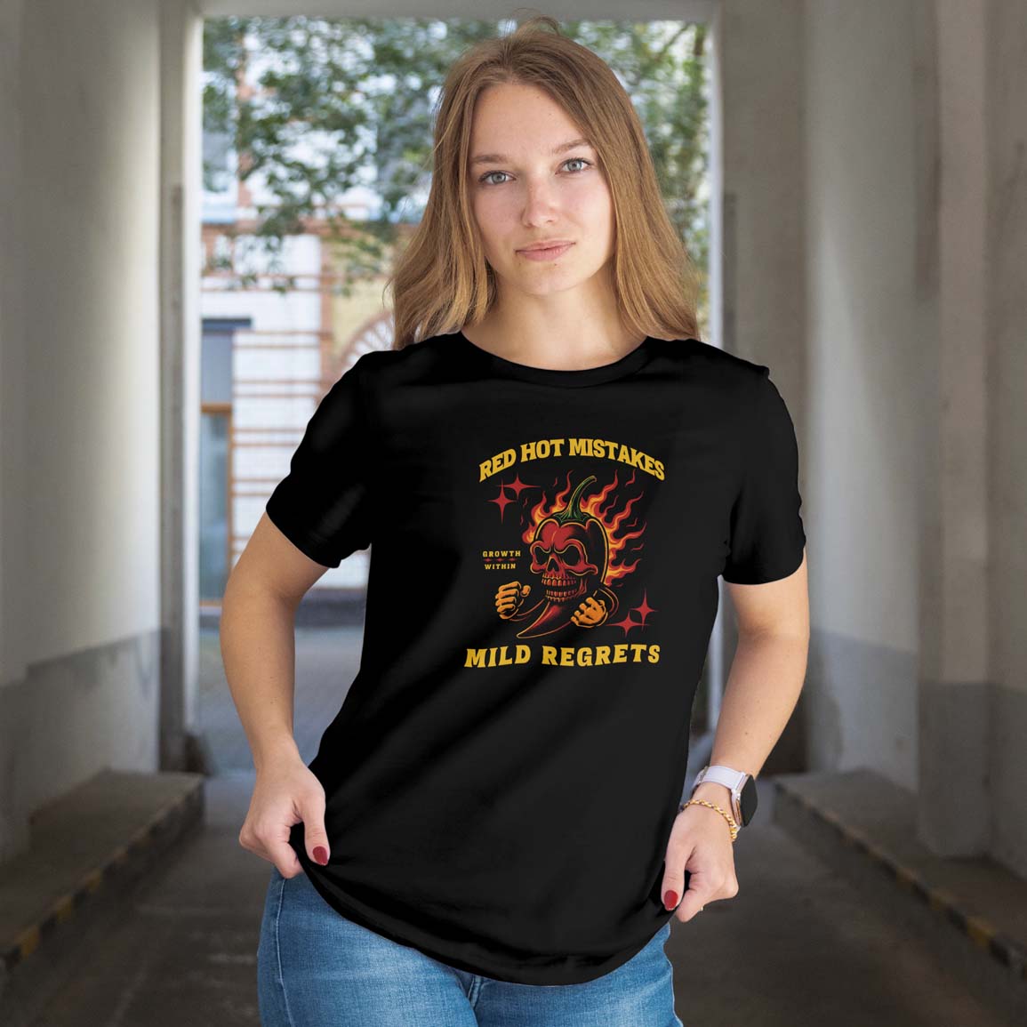 Red Hot Mistakes, Mild Regrets Fiery Chili Pepper Graphic - Ladies T-Shirt