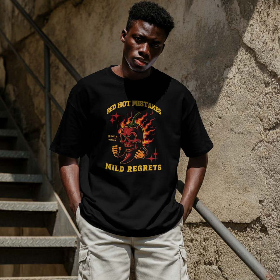 Person wearing a black t-shirt with graphic design and text, standing on stairs against a textured wall.
