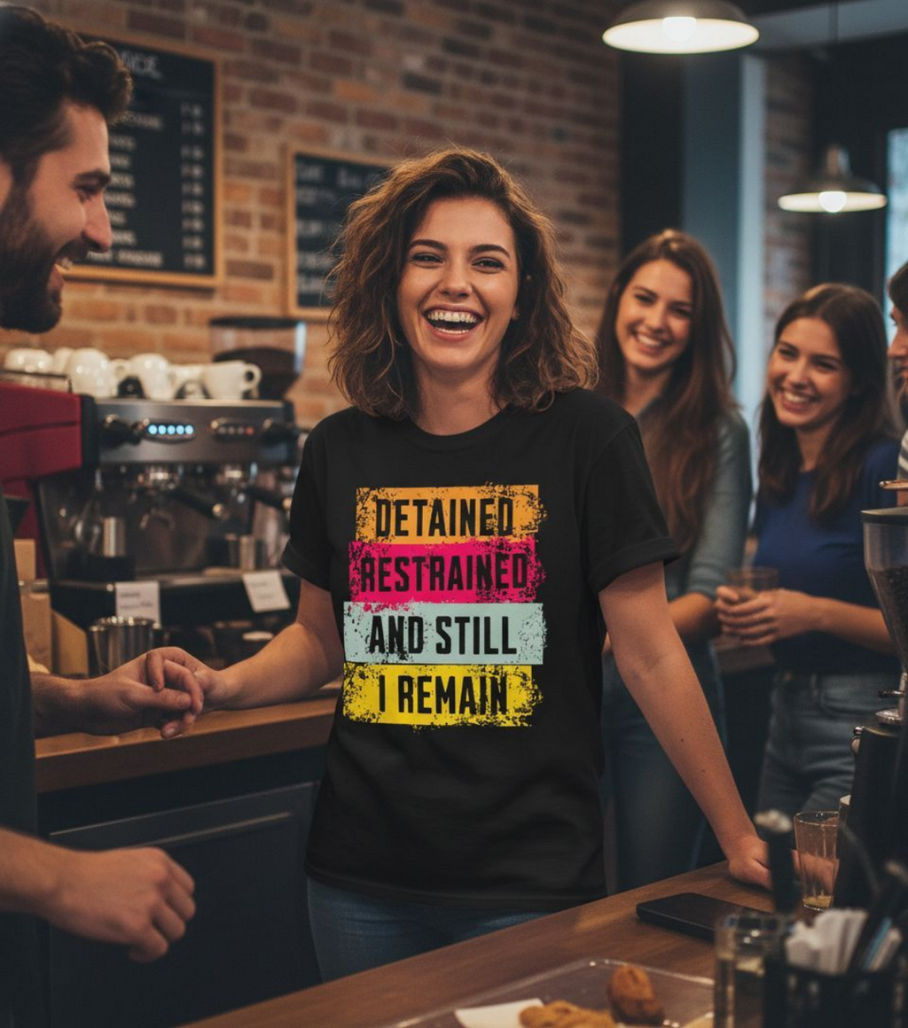 Woman wearing a black t-shirt with colorful text in a coffee shop setting