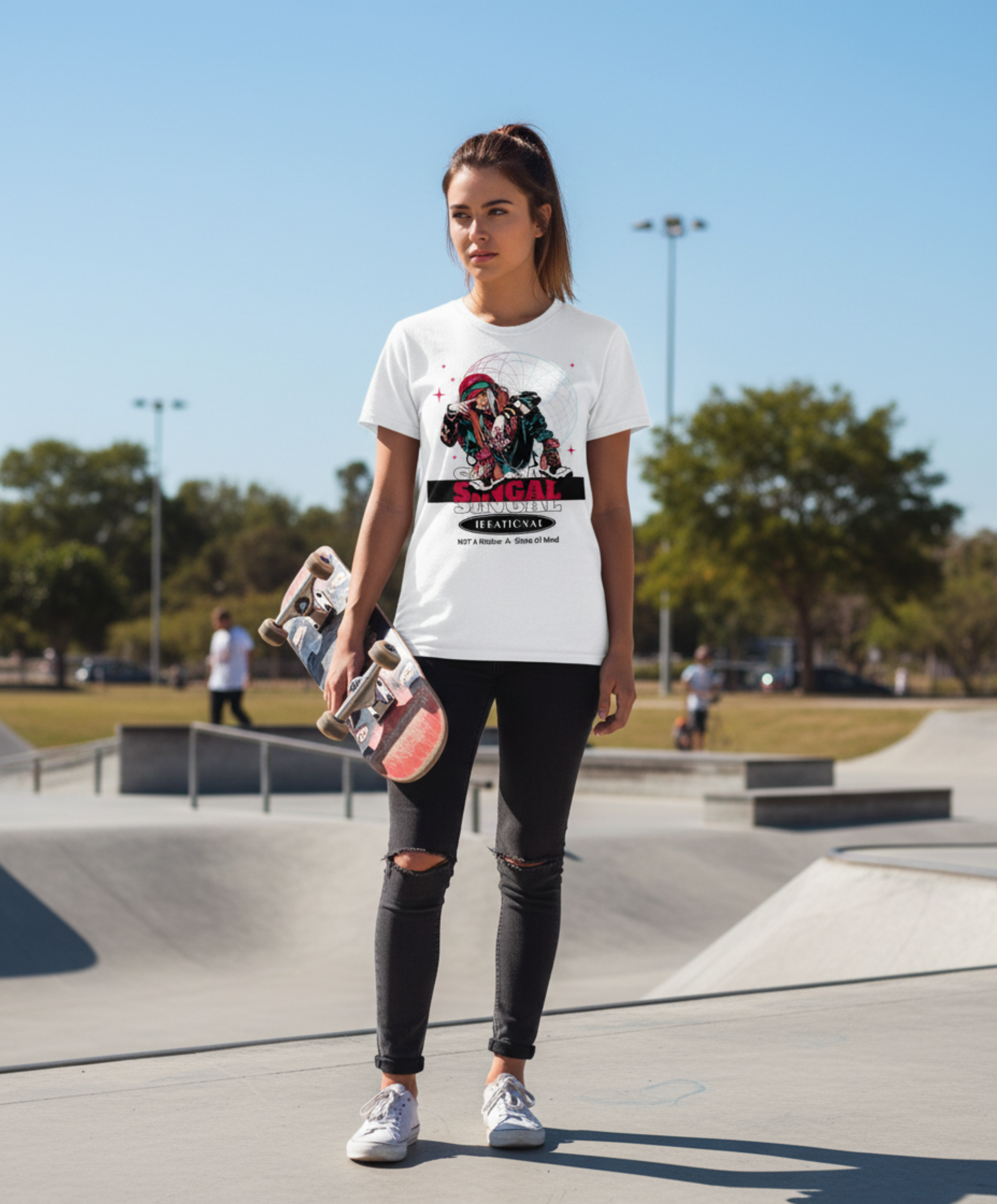 Woman in a skate park wearing a white t-shirt with a graphic design.