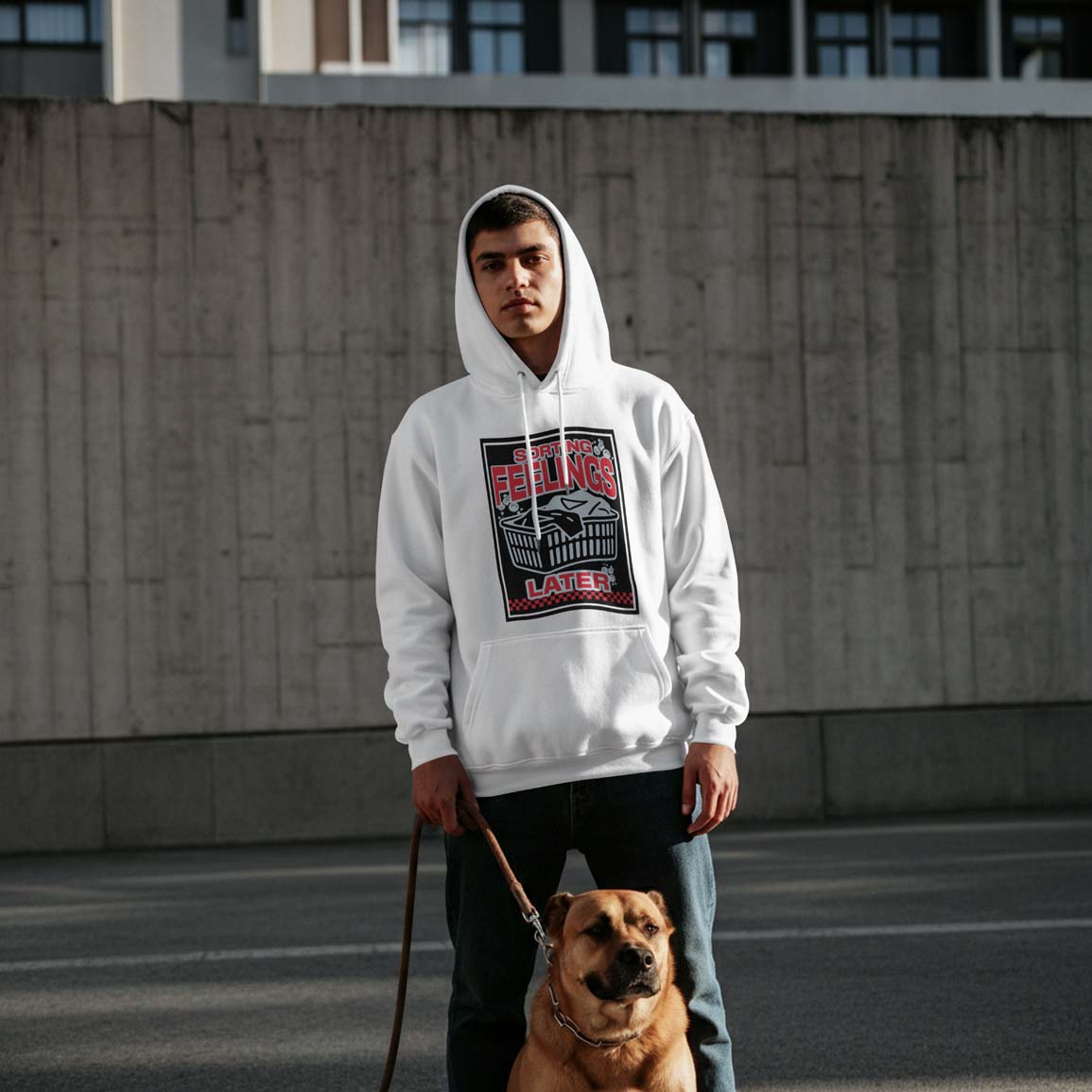 Man wearing a white hoodie with a graphic design, standing outdoors with a dog on a leash.