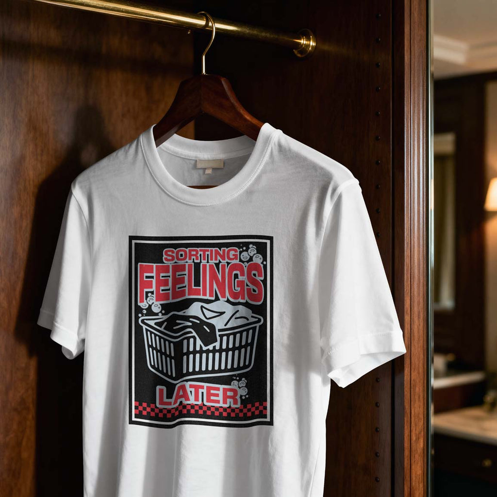 White t-shirt with graphic design hanging on a wooden hanger against a dark background