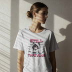 Person wearing a white t-shirt with a graphic design and text against a light background