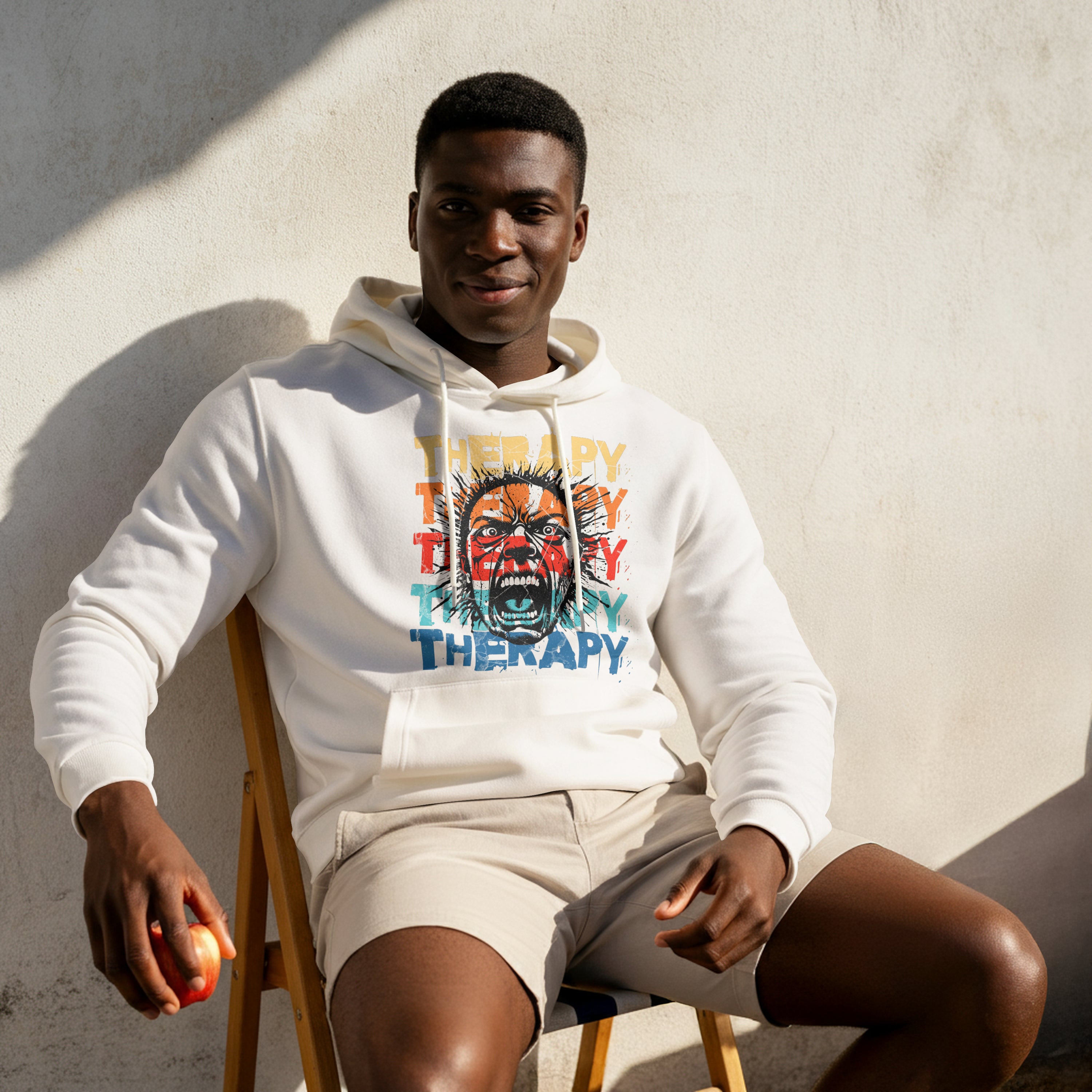 Man wearing a white hoodie with colorful graphic design sitting against a light wall.