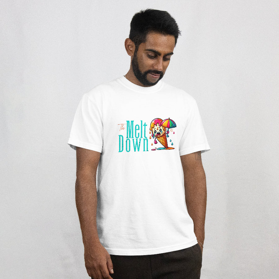 Man wearing a white t-shirt with colorful icecream graphic and text on a plain background