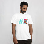 Man wearing a white t-shirt with colorful icecream graphic and text on a plain background