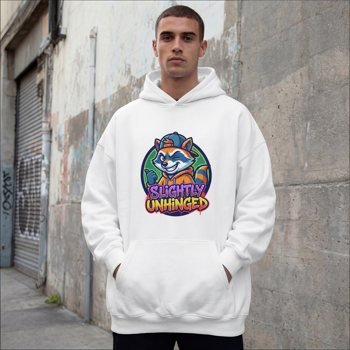 Slightly Unhinged Raccoon Color Graphic - Pullover Hoodie