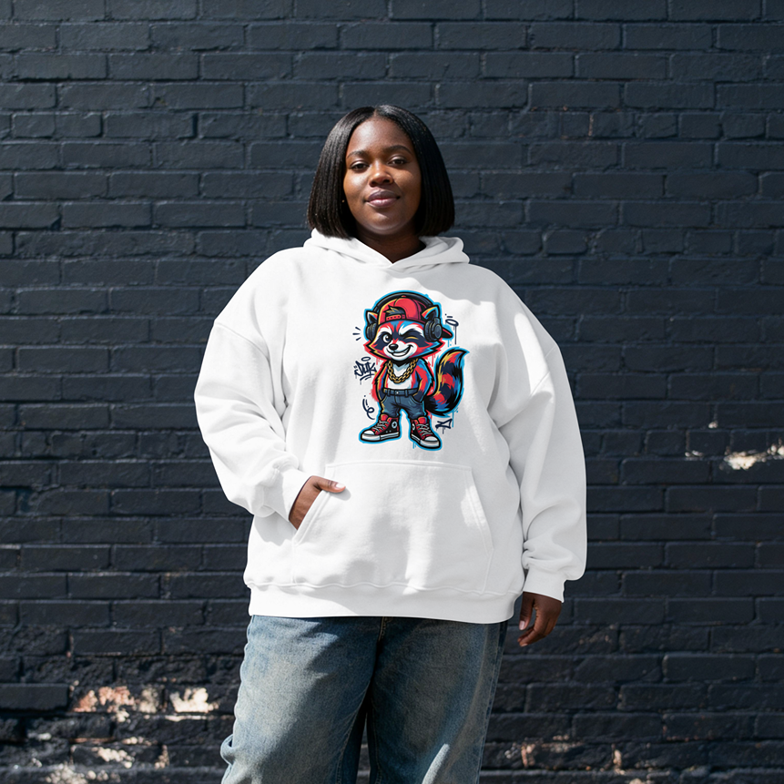 Person wearing a white hoodie with a graphic design standing against a black brick wall.