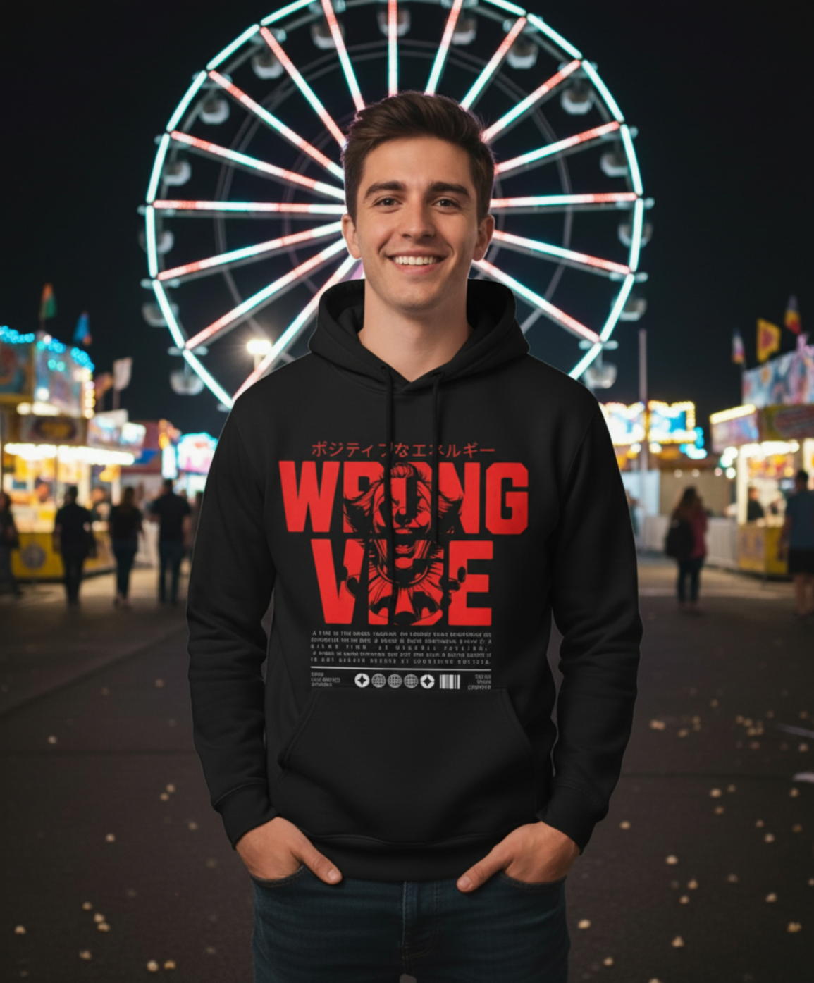 Person wearing a black hoodie with red text in front of a Ferris wheel at night.