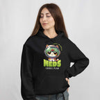 Person wearing a black hoodie with a graphic design on a plain background