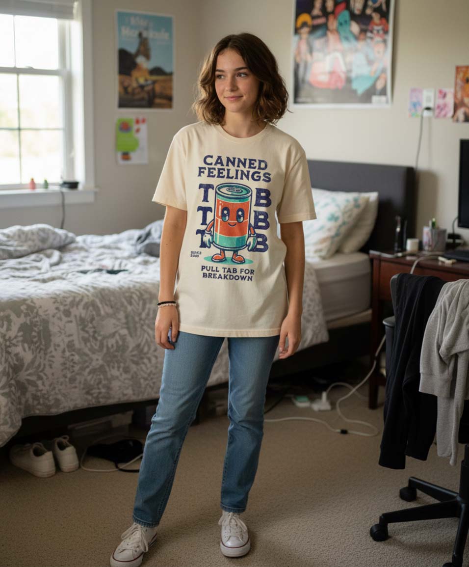 Person wearing a t-shirt with a graphic design in a bedroom setting