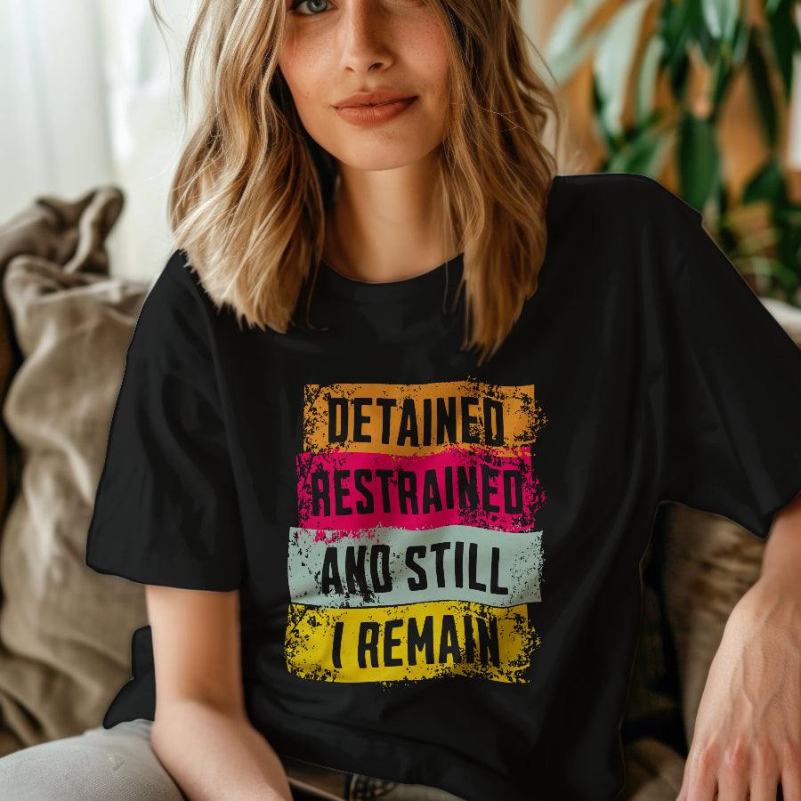 Person wearing a black t-shirt with colorful text design