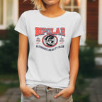 Person wearing a white t-shirt with 'Bipolar Alternate Reality Club' design.