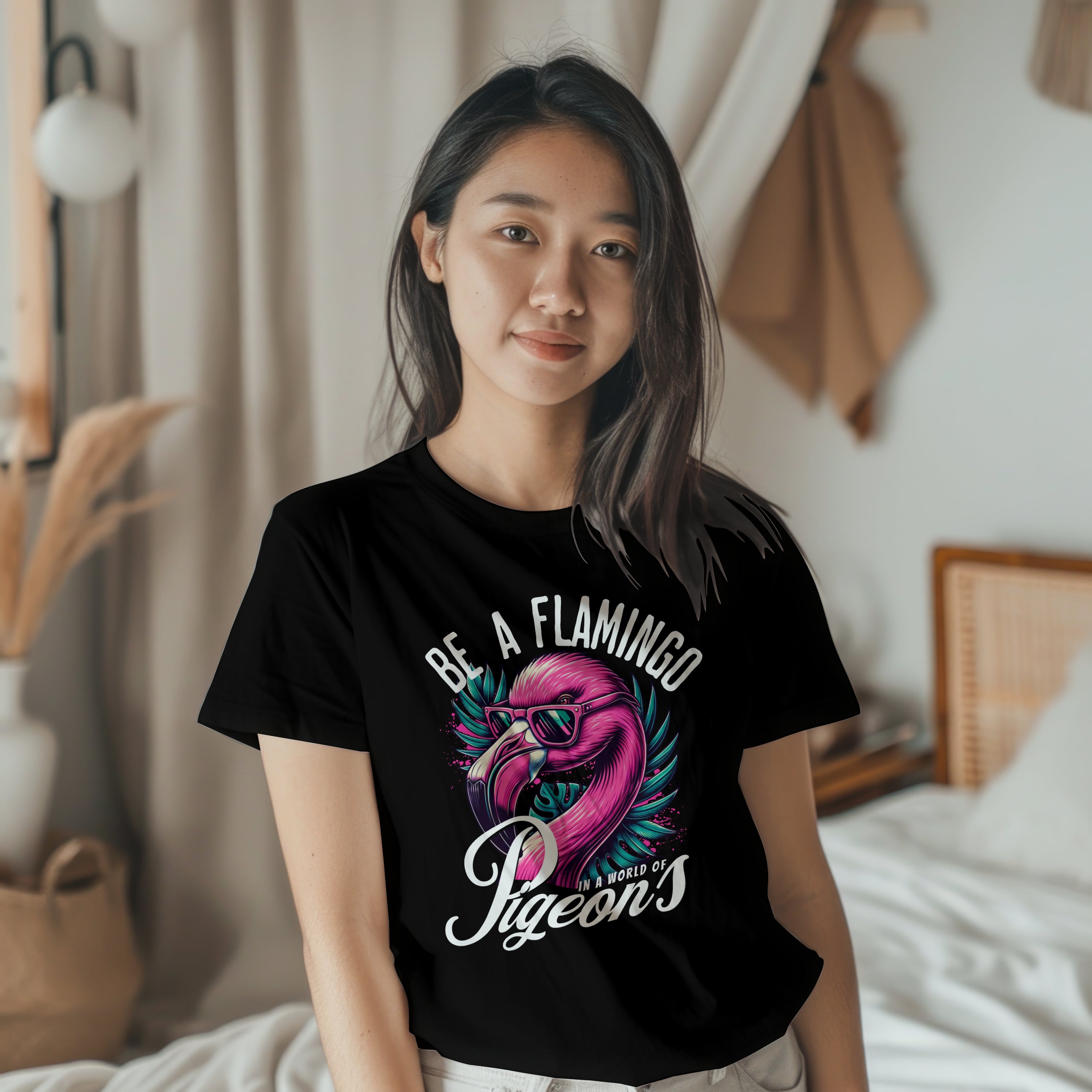 Young lady wearing a black t-shirt with a colorful flamingo design and text in a bedroom setting.