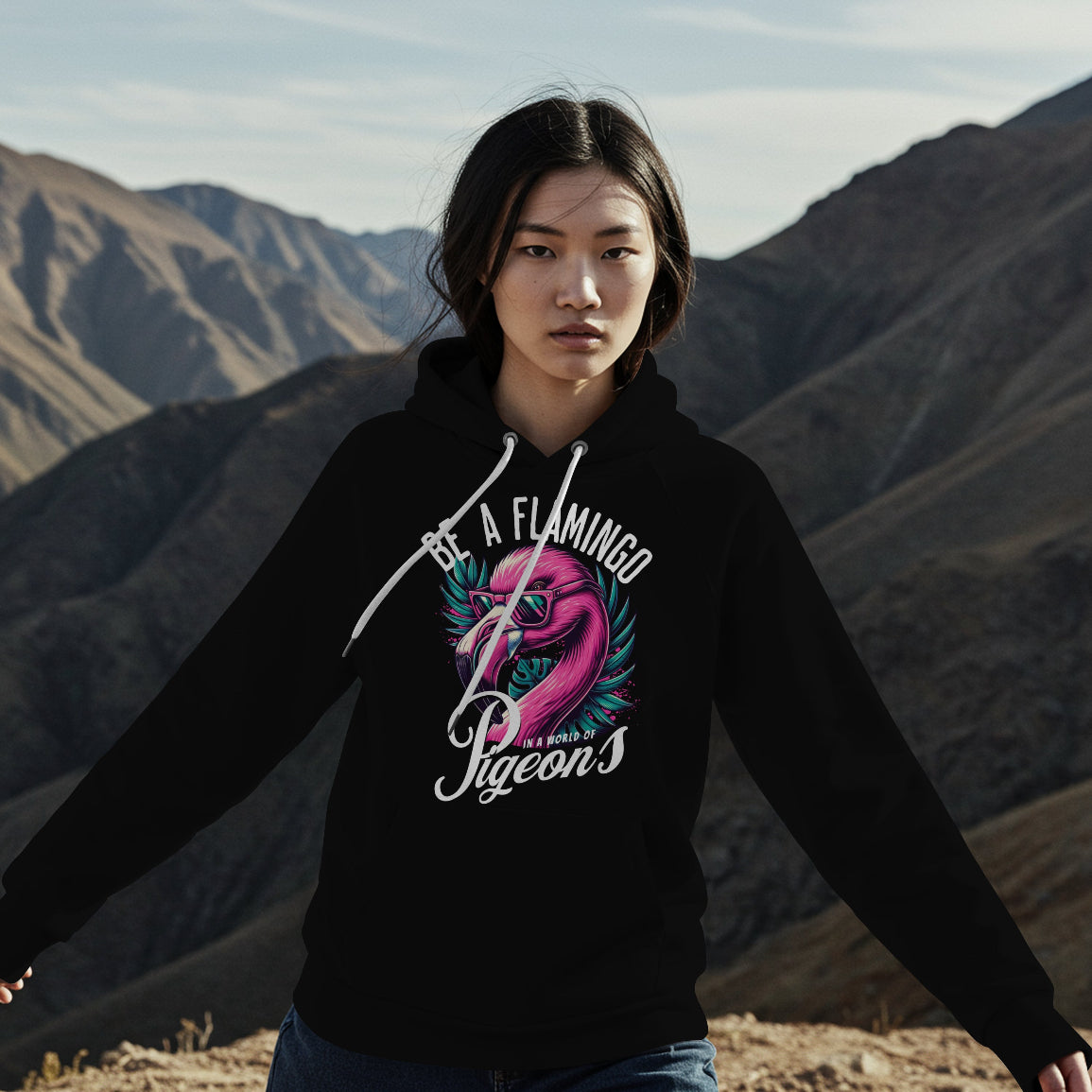 Person wearing a black hoodie with a flamingo design and text, standing against a mountainous landscape.
