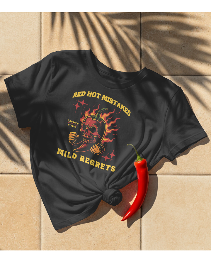 Black t-shirt with graphic design and red chili pepper on a stone surface