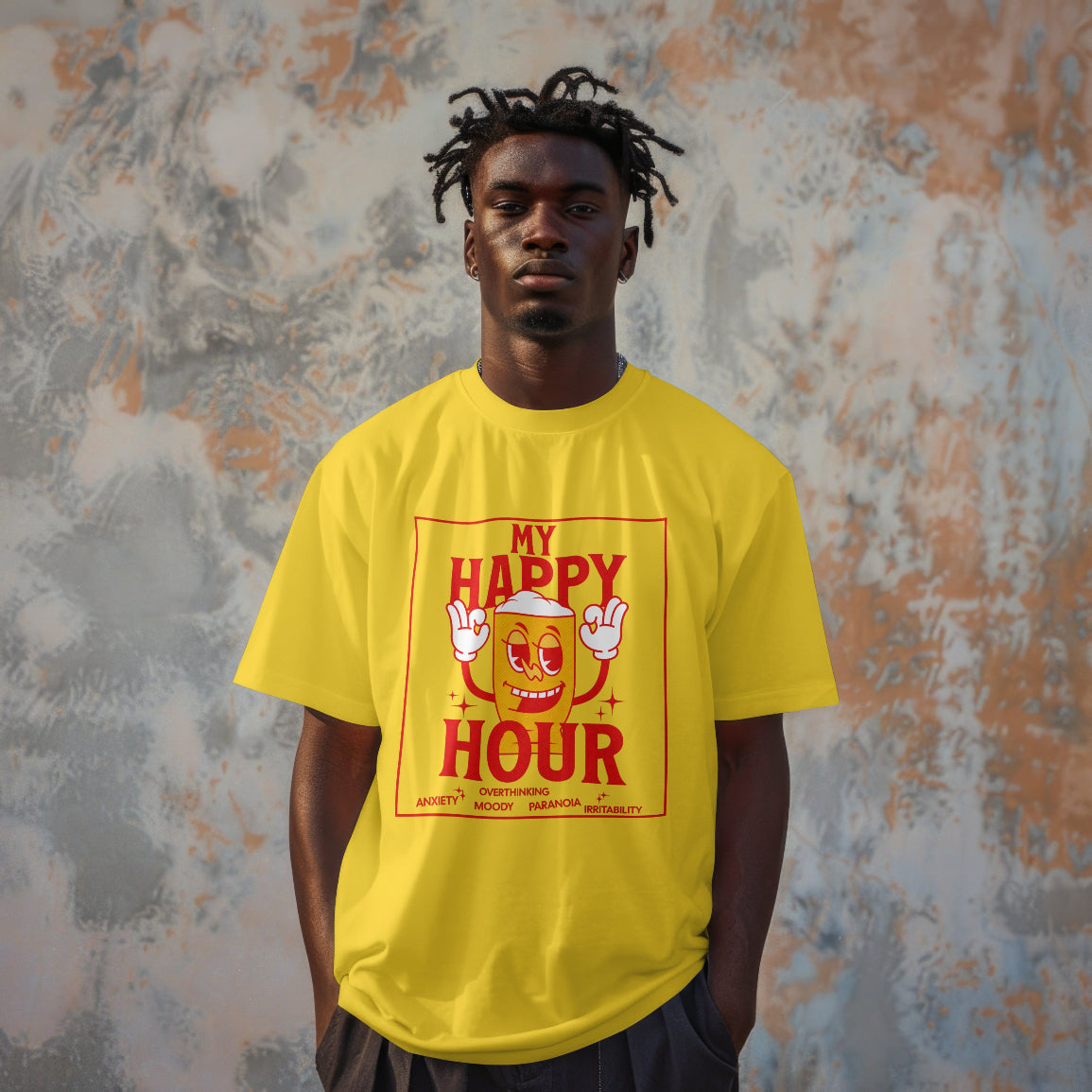Man wearing a yellow t-shirt with 'My Happy Hour' beer glass design against a textured wall.