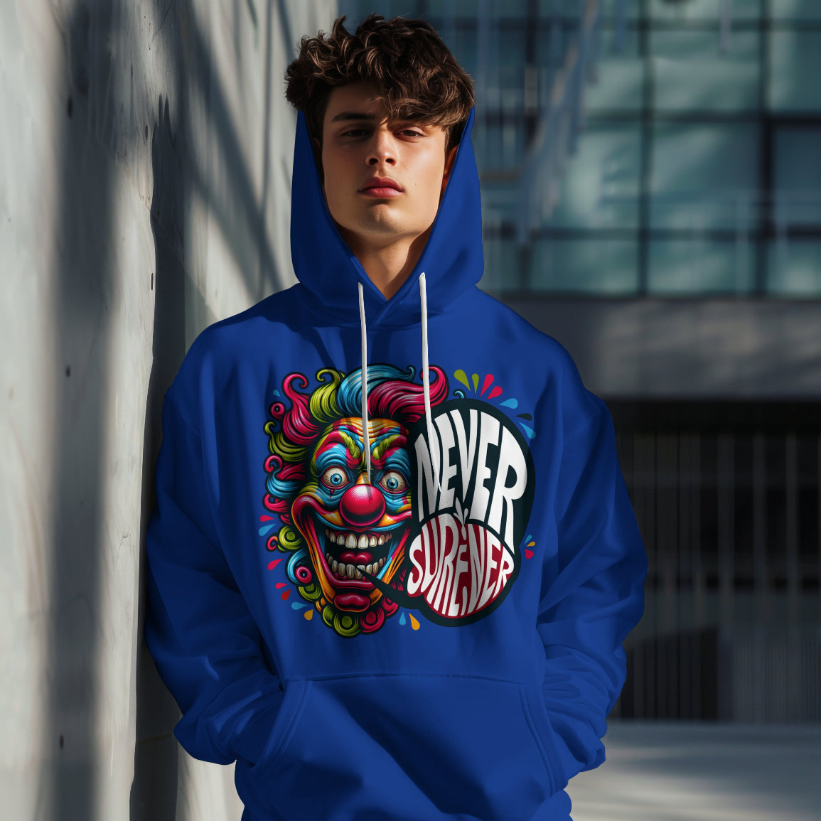 Person wearing a blue hoodie with a colorful clown design and 'Never Surrender' text.