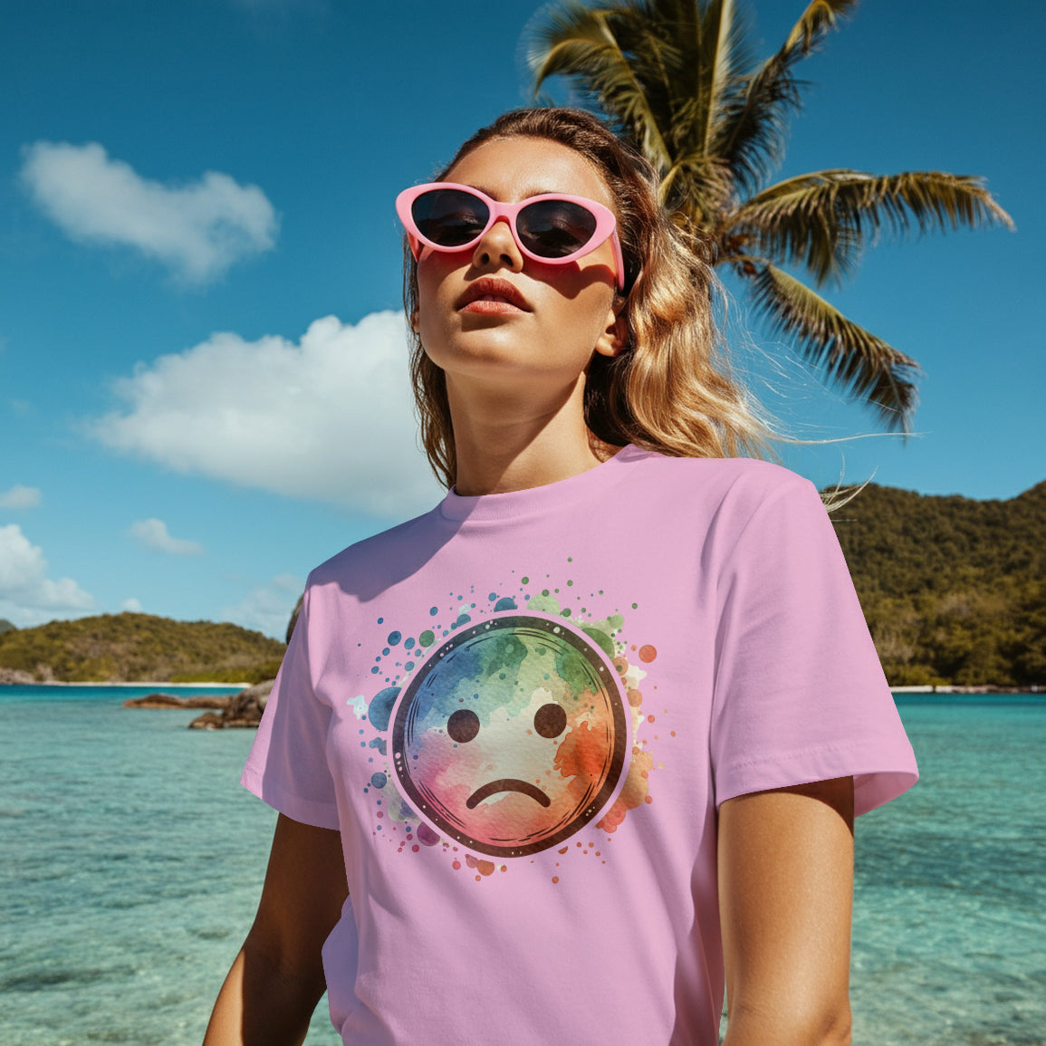 Woman wearing a pink t-shirt with a colorful emoji design on a tropical beach.