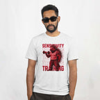 Man wearing a white t-shirt with a graphic design and text on a white background