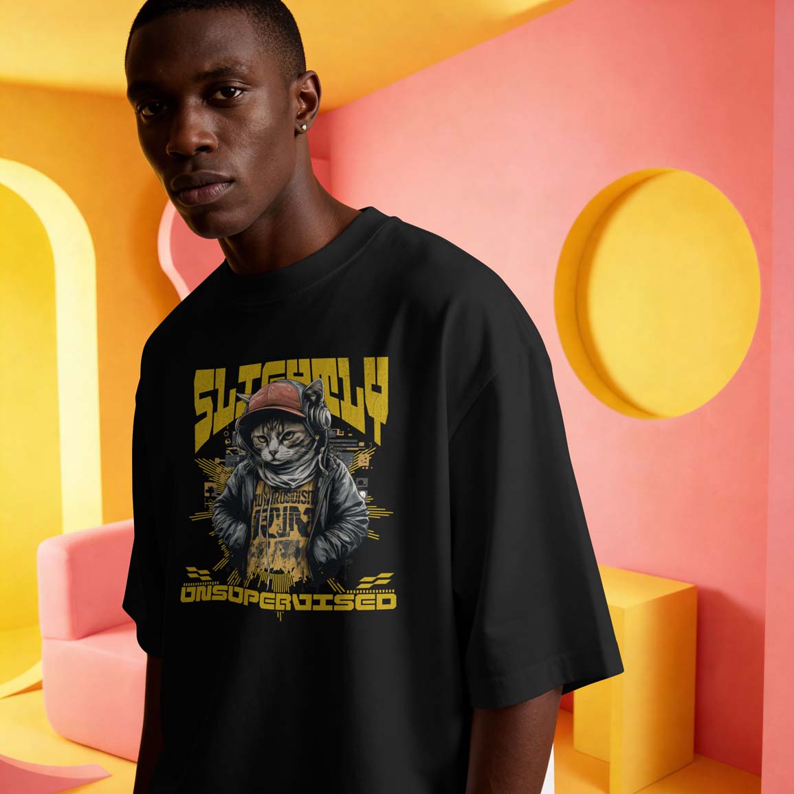 young dark skinned male wearing a black unisex t-shirt with a cat graphic of slightly unsupervised.