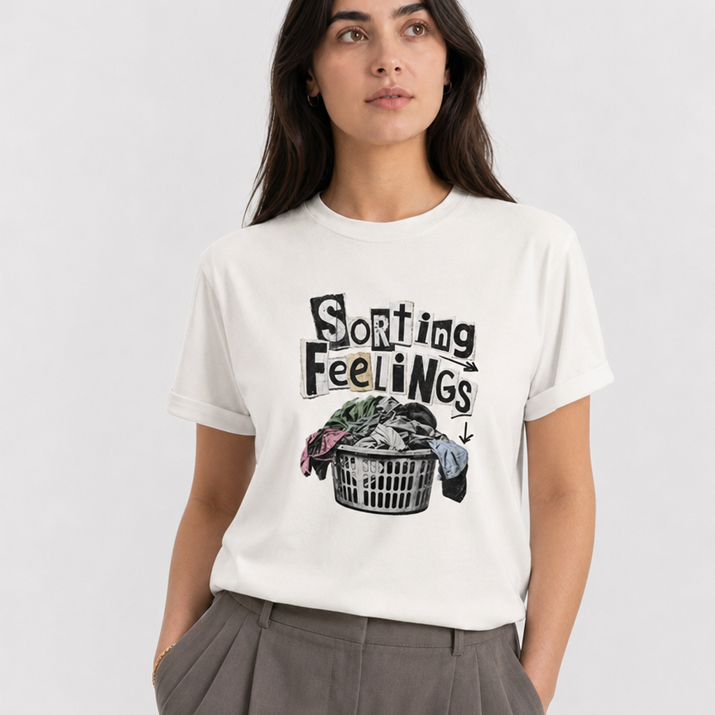 A woman wearing a white graphic t-shirt with a 'Sorting Feelings' laundry basket design, paired with gray trousers, against a light gray studio background.
