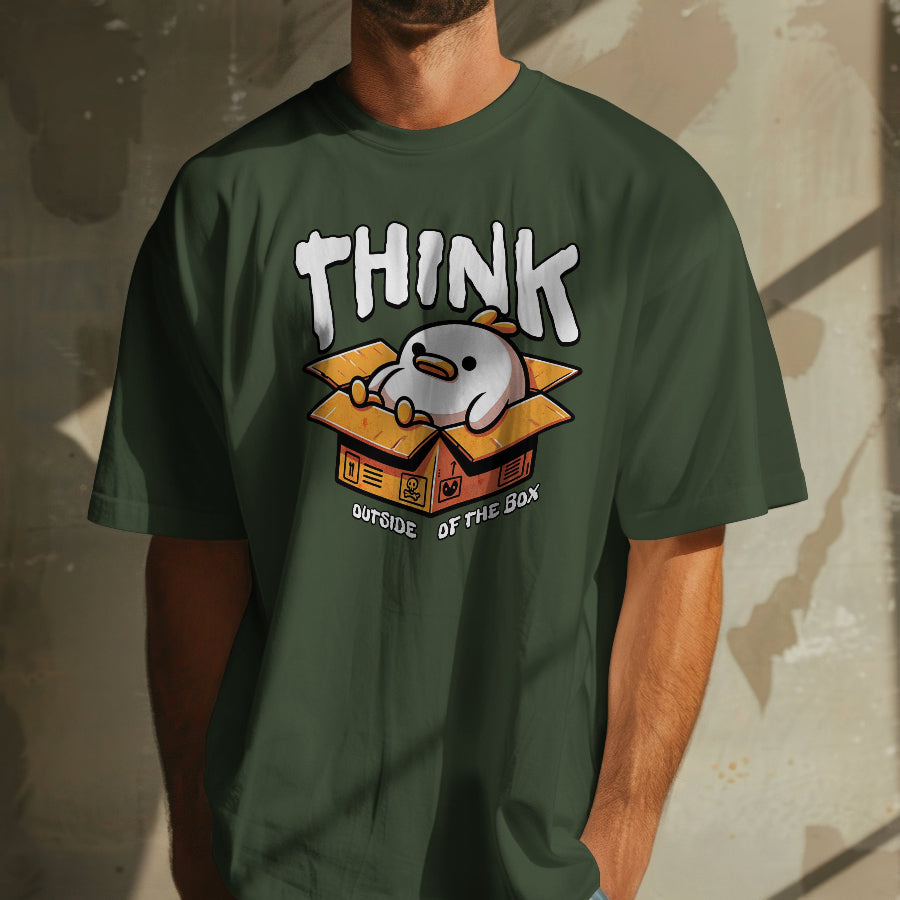 Person wearing a green t-shirt with a graphic design and text.