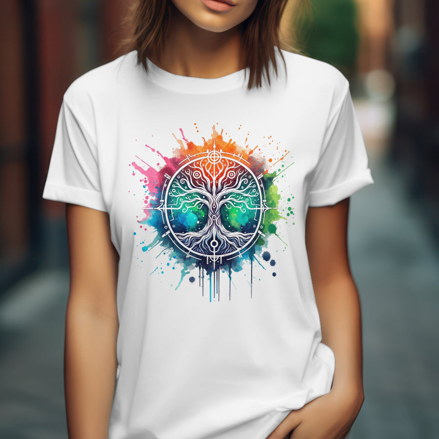 Person wearing a white t-shirt with a colorful tree-of-life design.