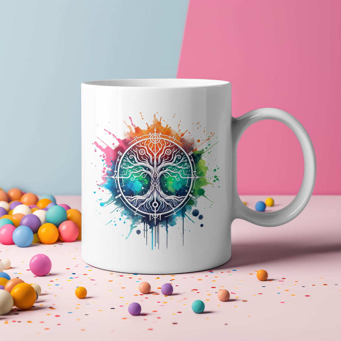 White mug with a colorful design on a pink and blue background with scattered colorful balls.